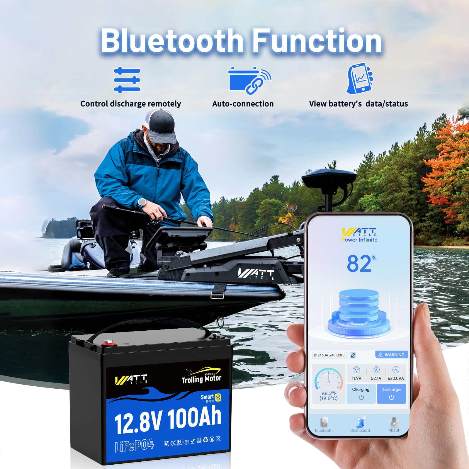 WattCycle 12V 100Ah LiFePO4 Battery, Group 24 Lightweight Lithium Battery with 120A Smart BMS, IP67 Waterproof, Bluetooth Monitoring Battery for RV, Boat, Solar, Off-Grid Backup Power