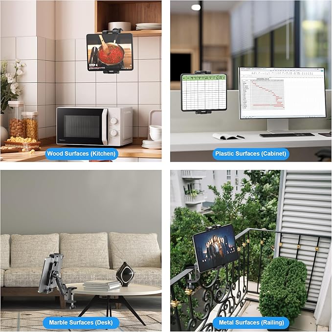 iPad Under Cabinet Mount, Kitchen Tablet Mount Holder, iPad Desk Mount w/Clamp, Aluminum Base&Metal Arm, 360° Rotation, Compatible with 4.7"-12.9" iPad Pro/Air/Mini/Kindles/Galaxy Tab/Phones