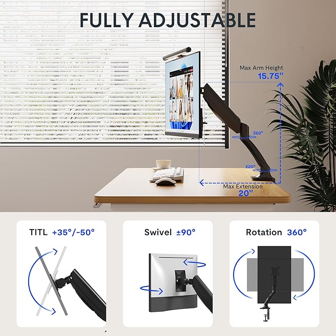 FlexiSpot Single Monitor Stand for Desk Adjustable Spring Vesa Monitor Mount with C Clamp for 10 to 27 Inch Computer Screens Heavy Duty Monitor Arm Hold up to 3.3 to 11lbs, Black