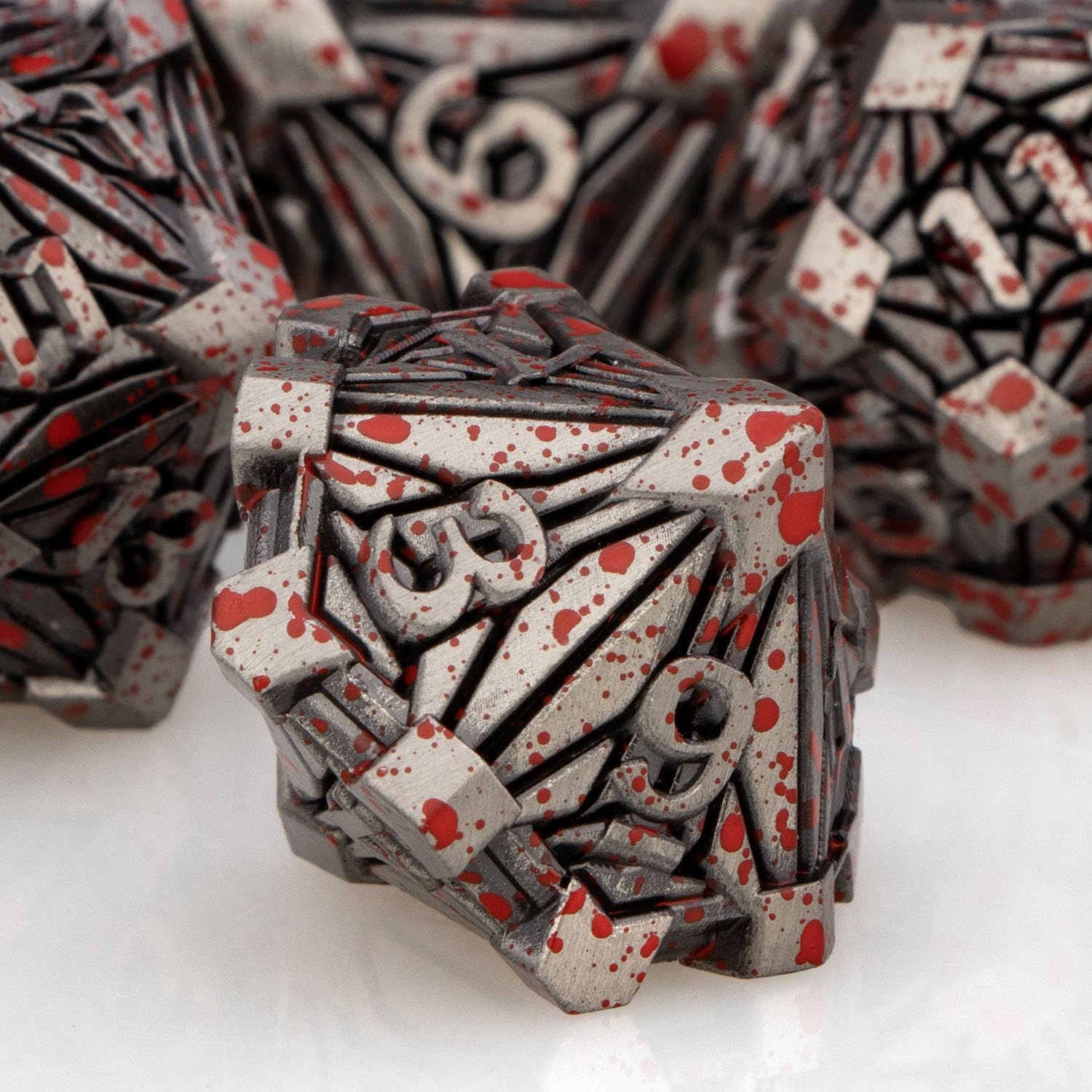 ORIFANTOU 7PCS Metal DND Dice Set with Box, Debris RPG Blood Spatter D and D Dice for use with D&D Tabletop Games Role Playing Game Polyhedral Dice Set D20 D12 D10 D8 D6 D4