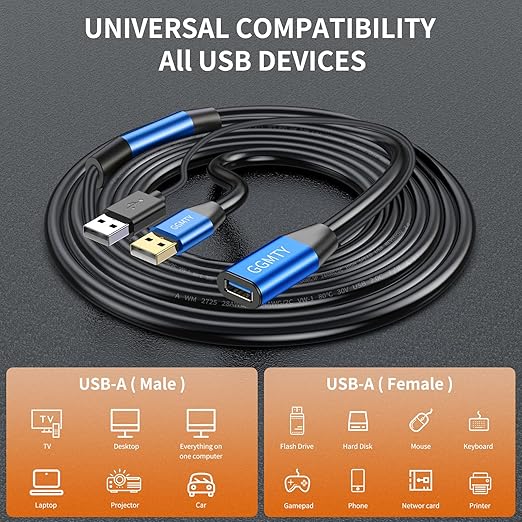 USB 2.0 Type A Male to A Female Active Repeater Extension Cable 100ft, High Speed 480 Mbps