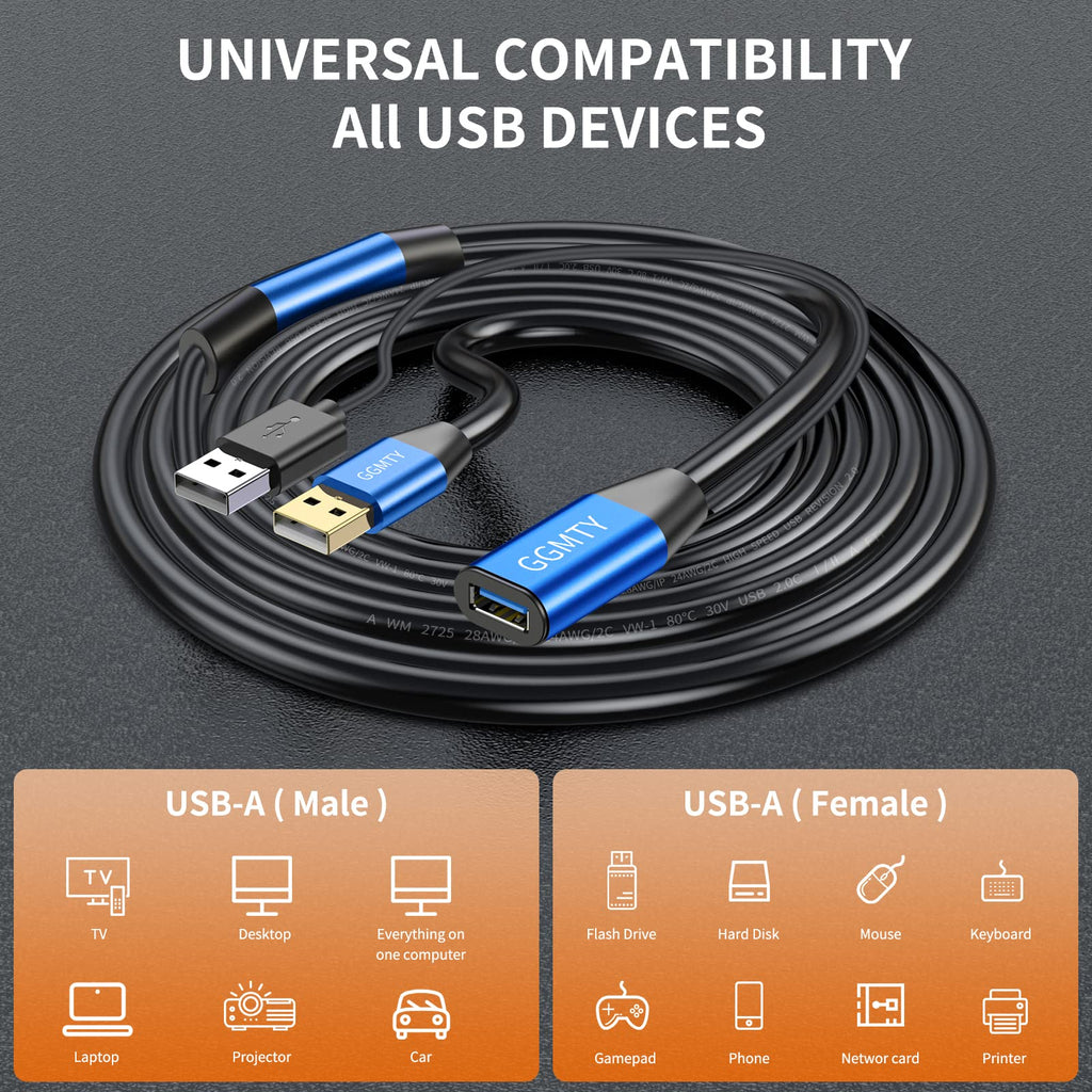 GGMTY USB 2.0 Type A Male to A Female Active Repeater Extension Cable 50ft, High Speed 480 Mbps