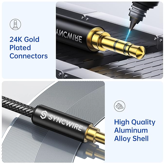 SYNCWIRE 3.5mm Aux Cable (9.8ft/3m) Hi-Fi Sound Nylon Braided Auxiliary Audio Cable Adapter Male to Male AUX Cord for Headphones, Car, Home Stereos, Speaker, iPhone, iPad, iPod, Echo & More Black