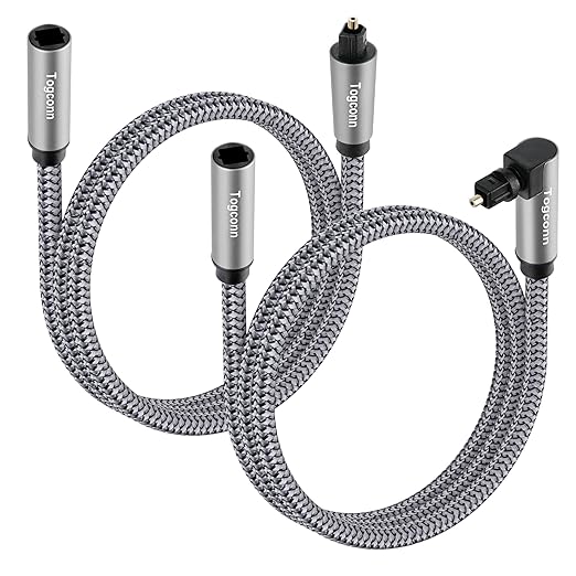 Optical Extension Fiber Digital Cable Adapter 0.6 Feet（2 Pack）, 90 Degree Right Angle & Straight Male to Female Coupler, Toslink Audio Cable, Nylon Braided for Home Theater, Soundbar, TV and More
