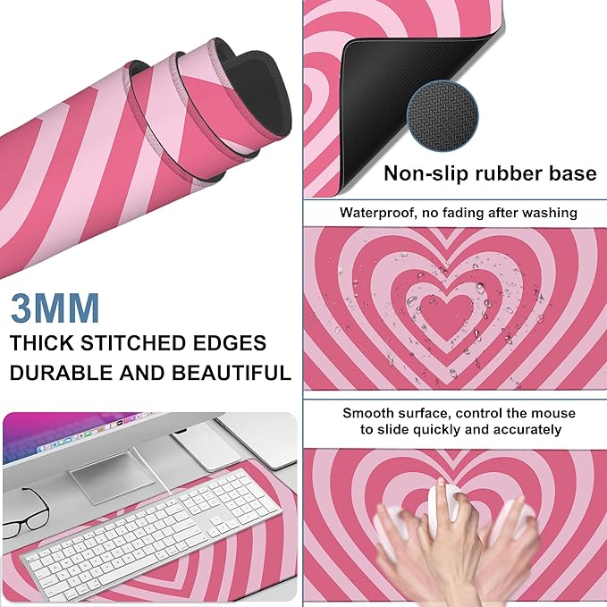Gaming Desk Pad Large Extra Length Retro Style Hearts Mouse Pad Keyboard Laptop Non-Slip Waterproof with Rubber Base Thick Stitched Edge Mouse Mat for Office Home 35.4 x 15.7 Inches