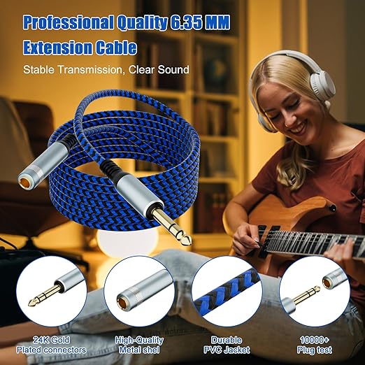LDKCOK 1/4 inch TRS Extension Cable 15ft, 1/4" Male to Female Stereo Headphone Guitar Cable