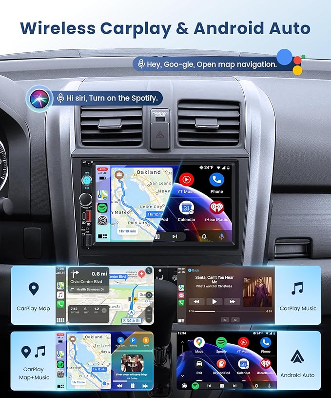 2 DIN Car Stereo Wireless Carplay&Android Auto, USB-C Head Unit 7” Touch Screen Car Radio Volume Knob Bluetooth EQ FM Mirror Link Double USB-A TF +Rearview Camera
