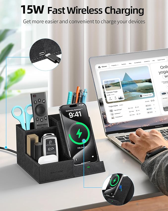 Wireless Charger with Desk Organizer, Pen Pencil Holder, Multifunctional Desktop Organizer, Office Supplies and Desk Accessories Organizer with 3 Compartments and 1 Phone Stand, PU Black