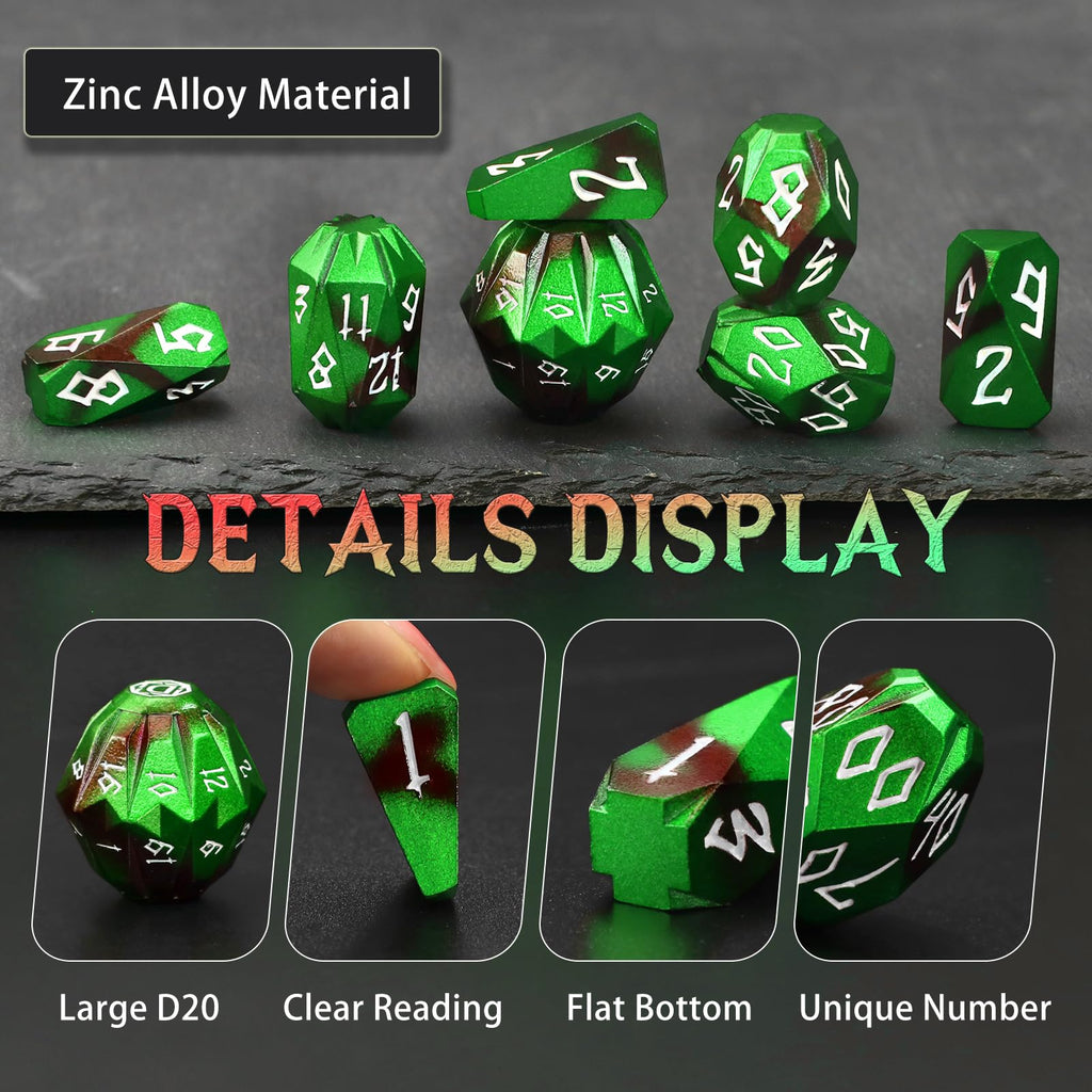 FONVGOGO Metal DND Dice for Dungeons and Dragon, Metal Dice Set D and D with Cardboard Box Unique Cool RPG Polyhedral Dice for Role Playing Tabletop Games Gifts (Black Green)
