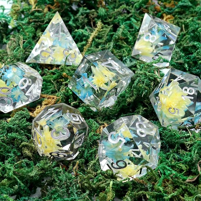 Haxtec Flower DND Dice Set Sharp Edge Dice with Dice Case Handmade Blue Yellow Resin D&D Dice Set for TTRPGs Compatible with Dungeons and Dragons Gifts