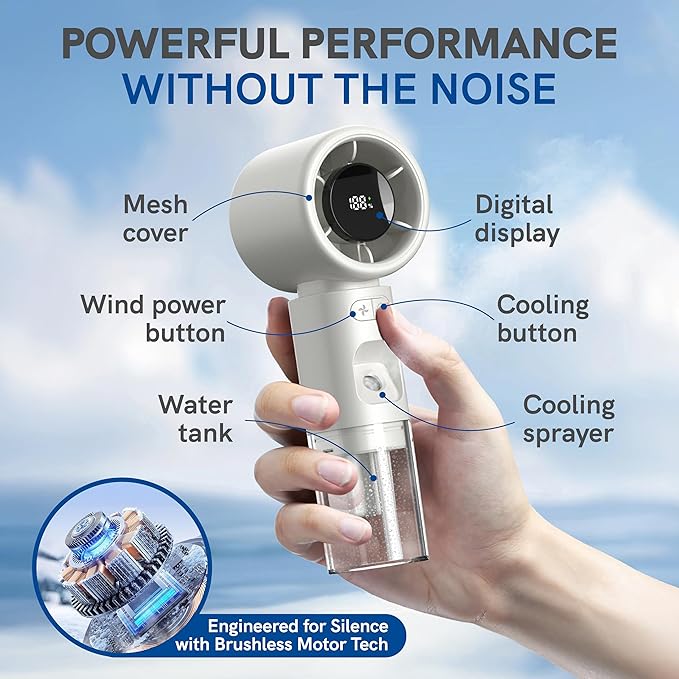 Valo Portable Rechargeable Fan - Mini Cooling Fan for Travel, USB Desk Personal Fan with 4 Speeds, 50ml Tank for Water Cooling Technology, Quiet Operation, 2,000 mAh Battery - Arctic White