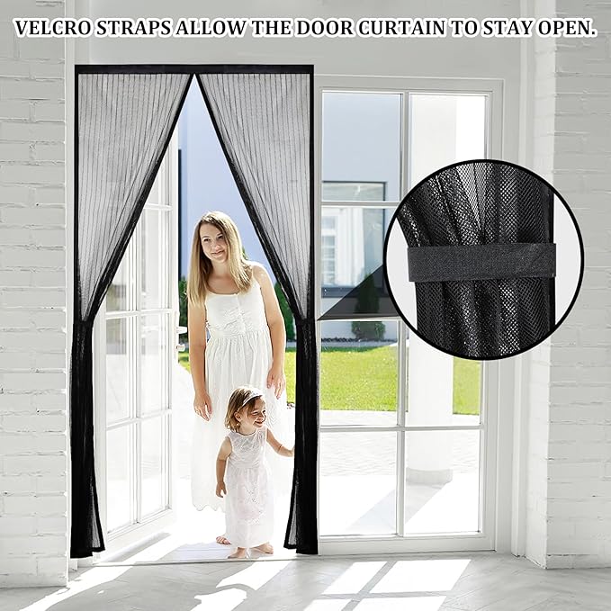 Magnetic Screen Door - Self Sealing, Heavy Duty, Hands Free Mesh Partition Keeps Bugs Out Let Breeze in- Pet and Kid Friendly - Keep Open Feature (Black, Fit Door Size 34 x 80 Inch)