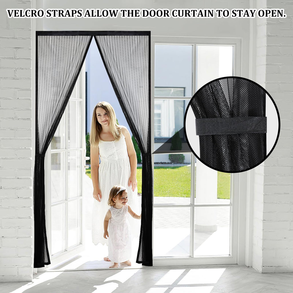 Magnetic Screen Door - Self Sealing, Heavy Duty, Hands Free Mesh Partition Keeps Bugs Out Let Breeze in- Pet and Kid Friendly - Keep Open Feature (Black, Fit Door Size 39 x 82 Inch)