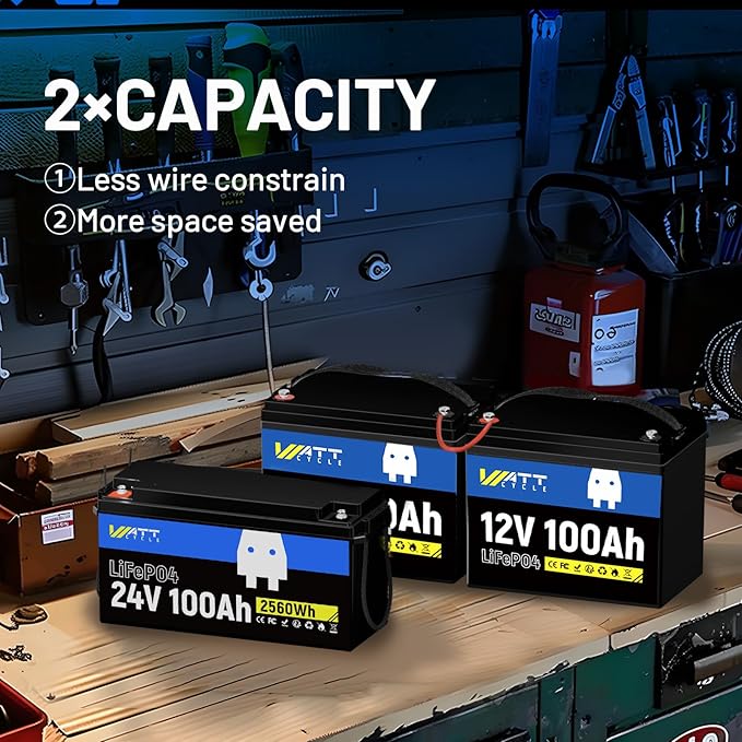 Lifepo4 Battery 100AH 24V Lithium Battery Built-in 100A BMS,Up to 20000 Deep Cycle,Perfect for Trolling Motors, Marine,RV,Boat,Solar System Home Storage (1 PACK)