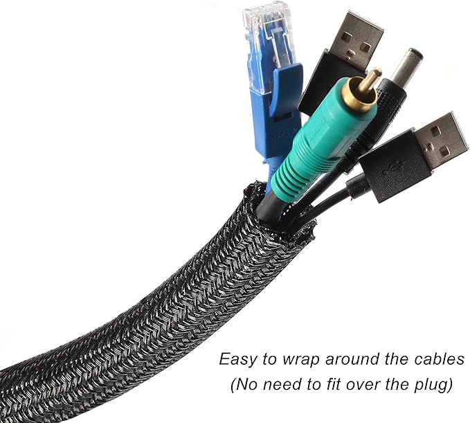 CrocSee 10ft - 3/8 inch Braided Cable Management Sleeve Cord Protector - Self-Wrapping Split Wire Loom for TV/Computer/Home Theater/Engine Bay - Black
