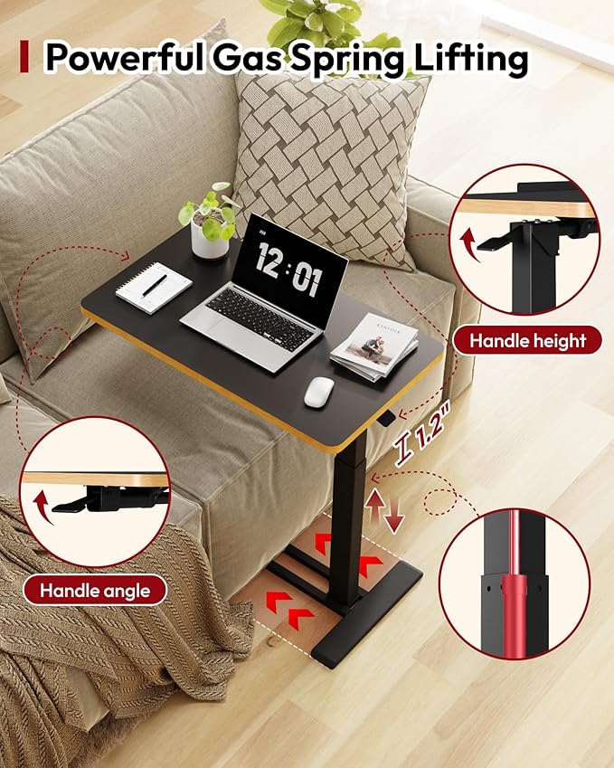 SANODESK Medical Adjustable Overbed Bedside Table with Casters 90° Tilt Top Pneumatic Mobile Rolling Laptop Computer Standing Desk Cart with Tray, Hospital and Home Use(27.6" W x 15.7" D, Black)