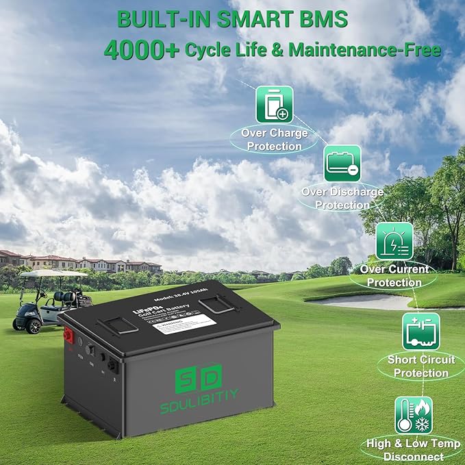 36V(38.4V) 105Ah LiFePO4 Golf Cart Battery, Built-in Smart 200A BMS, with Touch Monitor, Mobile APP, 4000+ Cycles Rechargeable Lithium Golf Cart Battery, Max 7.68kW Power Output, Perfect for Golf Cart