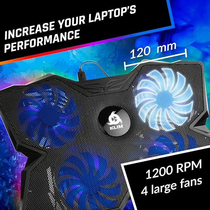 KLIM Wind Laptop Cooling Pad - More Than 500 000 Units Sold - New Version - The Most Powerful Rapid Action Cooling Fan - Laptop Stand with 4 Cooling Fans at 1200 RPM - USB Fan - PS5 PS4 - RGB