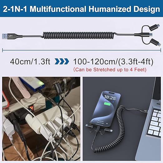 USB to USB-C Lightning Micro-USB Cable Combo 3 in 1 Coiled Cable Support Carplay & Android Auto [MFi & 3A Fast Charge & Data Sync] Coiled Lightning/USB C/Micro-USB Cable for iPhone 17 16 15 14 Android