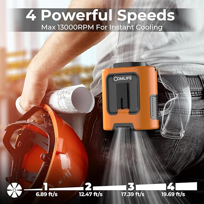 Portable Mini Waist Fan - Personal Wearable Clip on Belt Fan, Rechargeable Battery Operated, Max 25H Cooling,4 Speeds 13000RPM Turbo Hands-Free Shirt Neck Fan for Outdoor Jobsite Camping Traveling