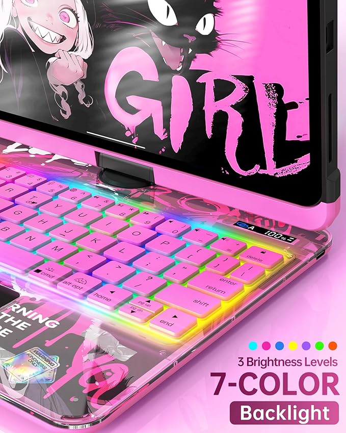 Intermerge Clear Keyboard Case for iPad Air 13" (M3/M2, 2025/2024) & Pro 12.9" (2022-2018) - 360° Rotatable Trackpad, RGB Backlit Keyboard, Pencil Holder, Power Indicator, Type-C, Blush Pulse