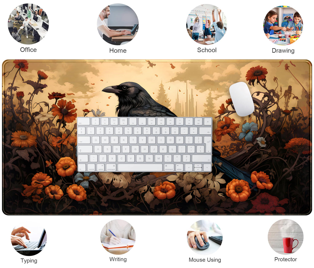 Anime Crow Kawaii Desk Mat Cute Retro Floral Mouse Pad Gaming Desk Pad XXL Large Desk Matt for Desktop Computer Mousepad, Laptop Keyboard Mouse Mat Office Decor Accessories for Women, 31.5x15.75 in