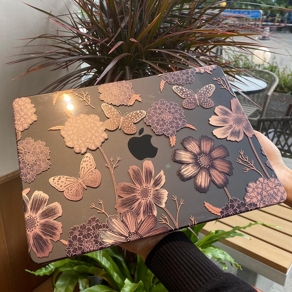 Teryeefi for MacBook Air 13 inch Case 2021 2020 2019 2018 Release (Model A2337 A2179 A1932 Retina Display with Touch ID), Plastic Hard Shell Case & Keyboard Cover for MacBook Air 13 M1, Gold Flowers