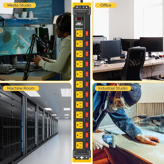 CRST 12 Outlets Long Power Strip, 9 FT Cord Metal Wall Mount Surge Protector Power Strip with Individual Switches and Cord Manager, 1020J, 15Amp/1875W for Garage,Workshop, Office, Home