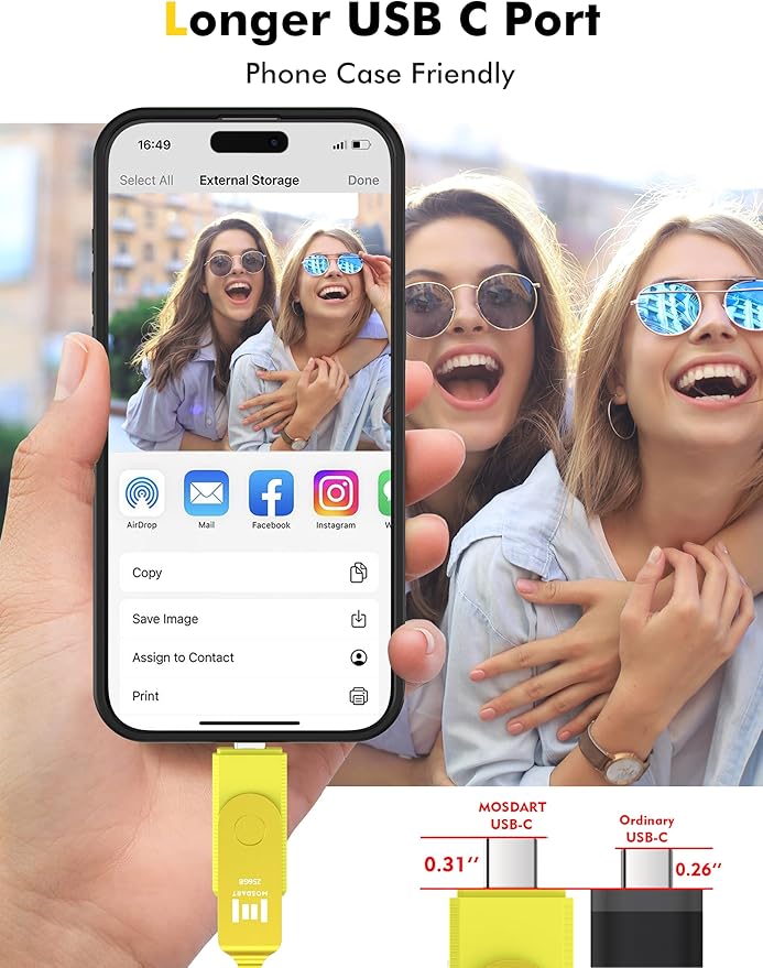 MOSDART 256GB USB3.1 Fast Speed C and A Dual Flash Drive, exFAT Memory Stick with Keychain and LED Indicator, for iPhone 15 and 16, Android Phone, iPad, MacBook, and Other Laptops,Yellow
