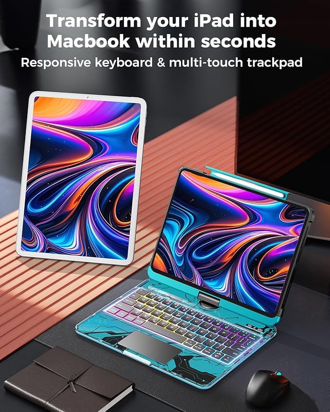 SIBEITU Keyboard Case for iPad Pro 13 Inch (M5 2025 / M4 2024), 360 Rotatable iPad Pro 13 Clear Cover with Multi-Touch Trackpad, 7-Color Backlight & 3 Brightness, High-Tech Visible PCB Design, Blue