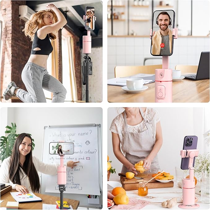 Auto Face Tracking Phone Holder, Gesture Control & Remote, Face Tracking Tripod 360 Rotation Body Phone Camera Mount Smart Shooting Holder, iPhone Selfie Stick Tripod, Expandable Pole (Pink)