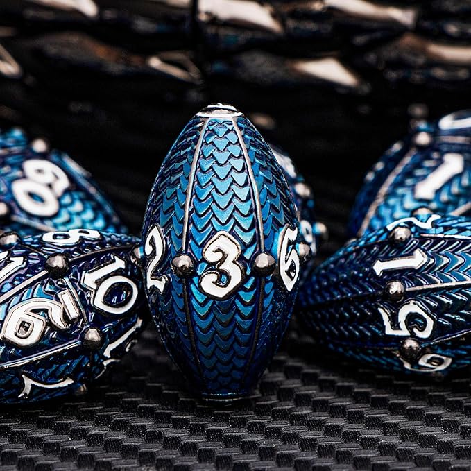 ARUOHHA DND Metal Dice Black Blue Dragons Egg Dice with Rotating Dragon Egg Shell, Compatible with D&D RPG Role Playing Game, Dungeons Polyhedral D and D Dice Set D20 D12 D10 D8 D6 D4