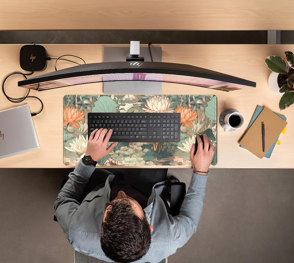 Light Emerald and Orange Floral Desk Mat, XXL Large Extended Mouse Pad Gaming Desk Pad, Aesthetic Asian Lotus Flower Big Laptop Keyboard and Mouse Mat for Women Desktop Office Decor 31.5x15.7 in