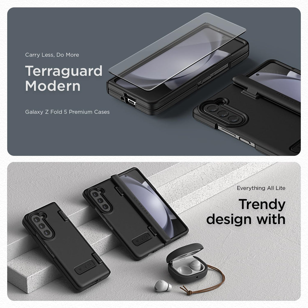 VRS DESIGN Phone Case for Galaxy Z Fold 5 5G (2023) [Terra Guard Modern], Premium Modern Neat Style Case [Anti Scratch Spring-Loaded Hinge Protection] with Screen Protector (Matte Black/Renewed)