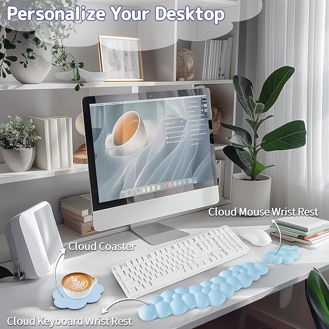 Cloud Wrist Rest for Keyboard and Mouse, Memory Foam PU Leather Keyboard Wrist Rest with Ergonomic Support, Non-Slip Base, Cute Arm Rest Pad & Palm Cushion, Office Desk Accessory, Blue