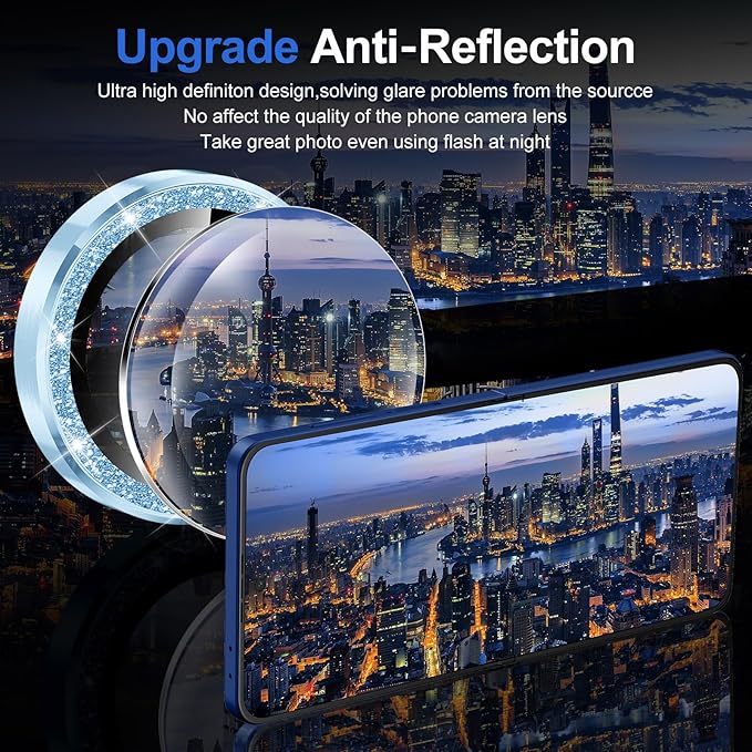 for Samsung Galaxy Z Flip 7 Camera Lens Protector, Individual Metal Ring Tempered Glass Lens Cover, [Strong Adsorption] Scratch Resistant Ultra-Thin HD Clear Lens Cover, 1 Set-Blue Sparkly