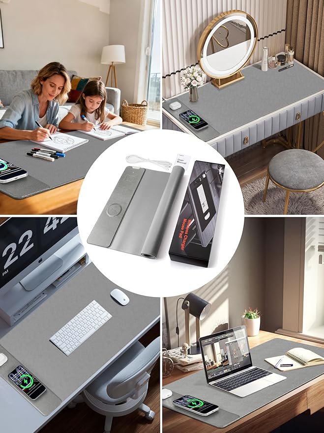 TopMade Mouse Pad with 15W Wireless Charging, XXL Large Leather Desk Mat, Waterproof Gaming Mousepad Home Office Desk Pad Protector, Computer Keyboard Pad, Mouse Mat for for MacBook, PC, Laptop, Gray