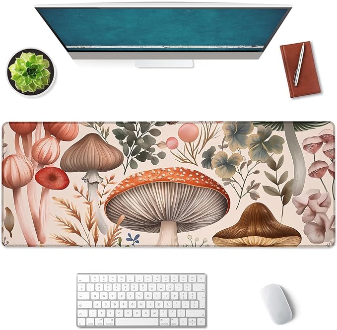 Botanical Mushroom Large Mouse Pad, Gaming Mouse Pad, Keyboard Mat, Non-Slip Rubber Base, Office Accessories, Desk Mat, MousePads for School, Work, Home Decor Gifts 31.5" x 11.8"