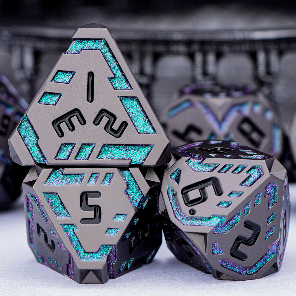 OGCOPHEN Metal DND Sci-fi Dice Set 7PCS Stripe Polyhedral Dice for Dungeons Dragons RPG Role Playing Game, Glitter D and D Dice with Gift Box D6 D8 D10 D12 D20 (Black&Green Purple)