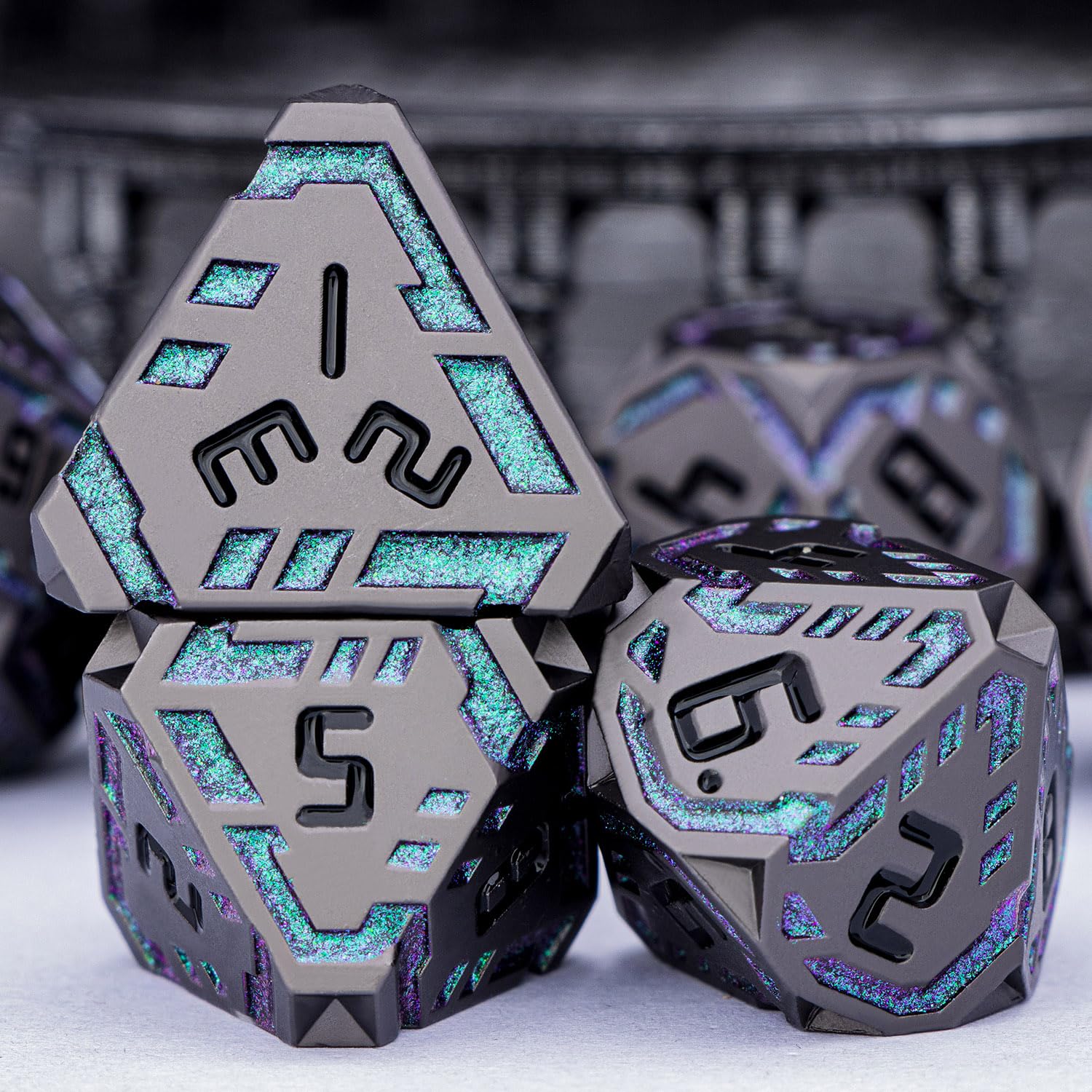 OGCOPHEN Metal DND Sci-fi Dice Set 7PCS Stripe Polyhedral Dice for Dungeons Dragons RPG Role Playing Game, Glitter D and D Dice with Gift Box D6 D8 D10 D12 D20 (Black&Green Purple)