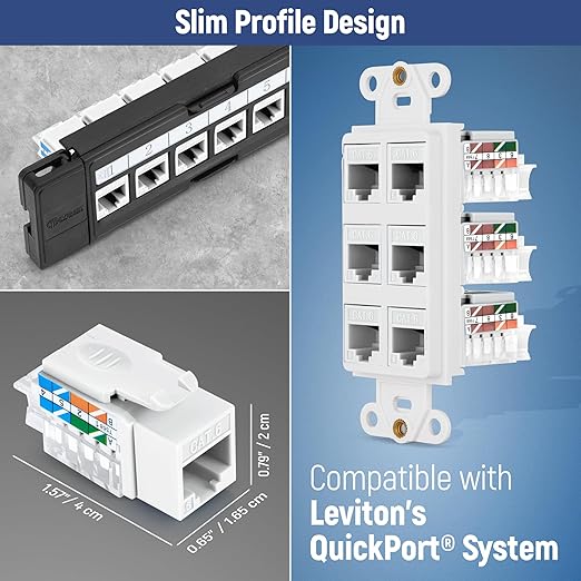 Everest 45° Angled RJ45 Cat6 Keystone Jacks 10-Pack in White - Slim Profile Female RJ45 Connectors - Cat 6 Keystone Jack - Compatible with 45° Angled Speed Termination Tool - 45Term (B0BL3GS7ZY)