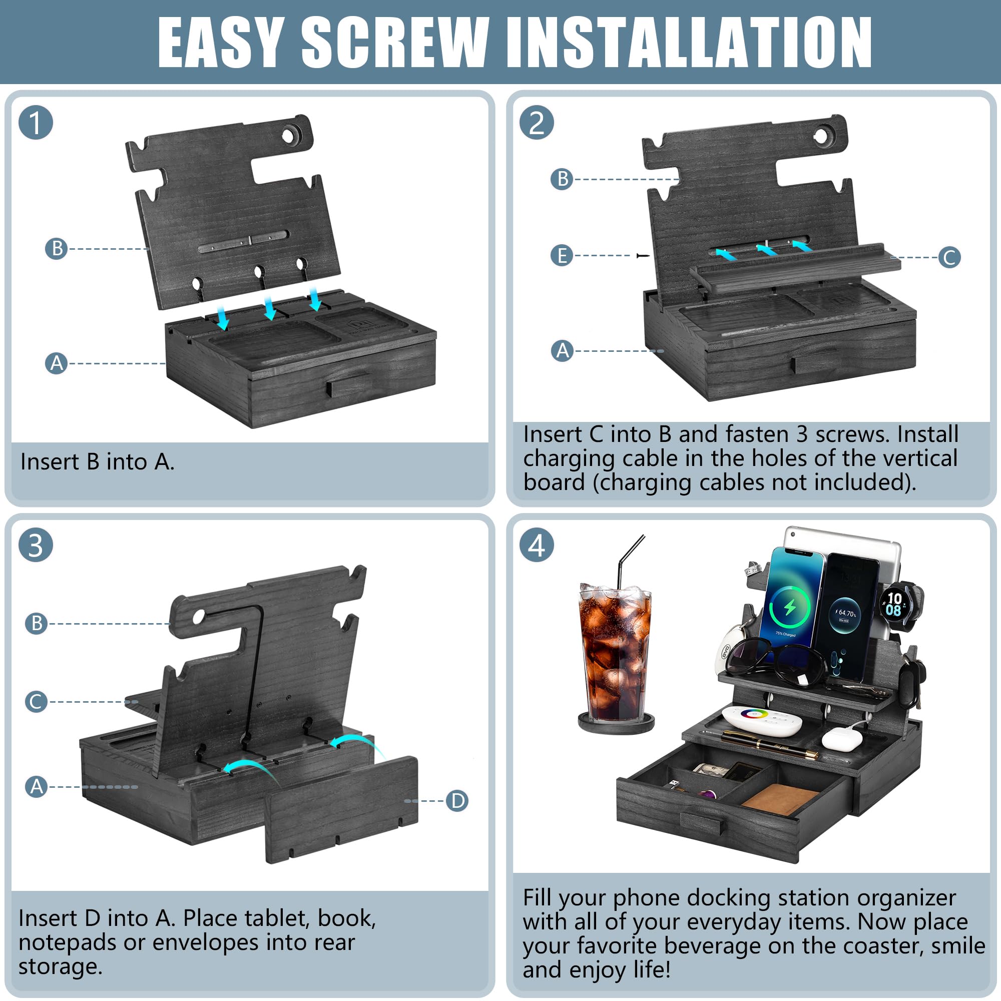 Black Wood Phone Docking Station for up to 3 Phones, Samsung Galaxy Watch Compatible Nightstand Organizer with Drawer for Valuables for Men & Women, Holds Phones, Tablets, Keys, Rings, Glasses, EDC