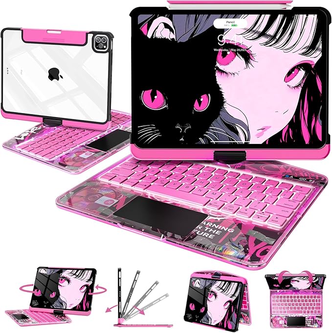 Intermerge Clear iPad A16 11th (2025) & 10th Generation 10.9" Case with Keyboard, 360° Transparent Multi-Touch Trackpad, 7-Color RGB Keyboard, Pencil Holder, Type-C, Power Indicator, Blush Pulse