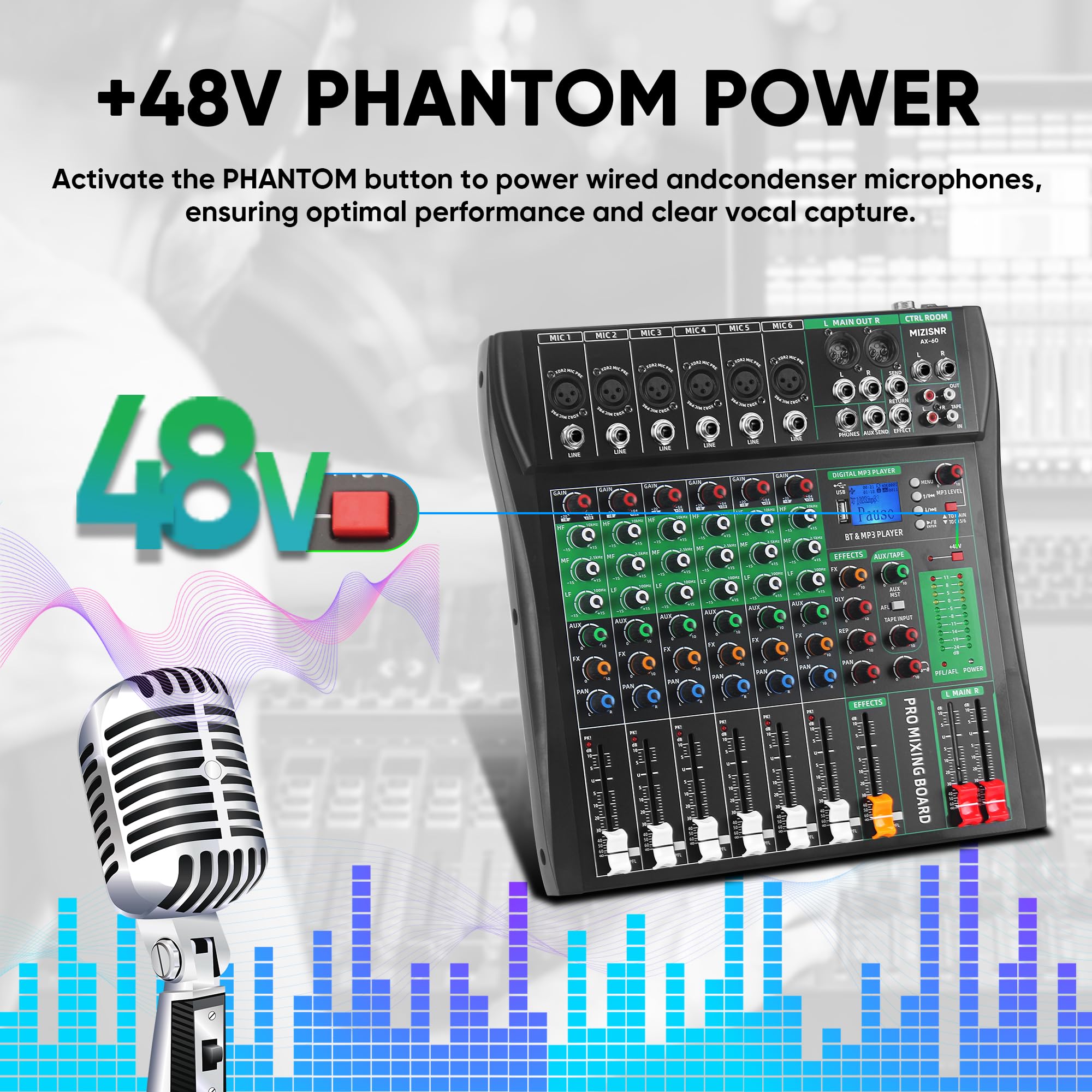 MIZISNR 6 Channel Audio Mixer, Professional DJ Mixer Board Sound Music Mixing Console Digital Mixer with Reverb, Bluetooth, USB Port, 48V Phantom Power for Recording Karaoke Podcasting