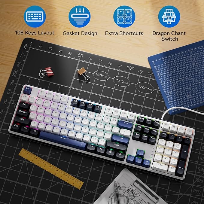 Redragon K689 Wired Gasket RGB Gaming Keyboard, 108 Keys Mechanical Keyboard w/Extra 4 Hotkeys, Upgraded Hot-swappable Socket, 3-Layer Noise Dampening, Mixed Color Keycaps, Custom Linear Switch