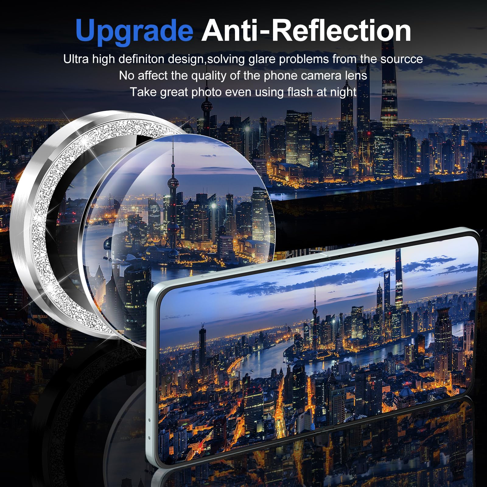 Avocase for Samsung Galaxy Z Flip 7 Camera Lens Protector, Individual Metal Ring Tempered Glass Lens Cover, [Strong Adsorption] Scratch Resistant Ultra-Thin HD Clear Lens Cover, 1 Set-Silvery Sparkly