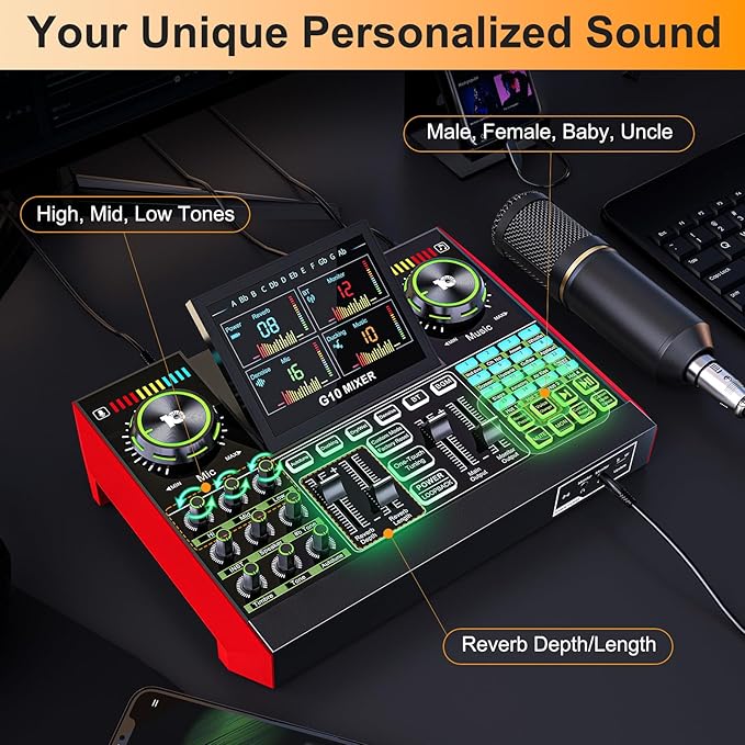 Podcast Microphone Bundle with Live Sound Card Audio Mixer, Podcast Equipment Bundle with 3.5mm BM800 Microphone for Pc/Youtube Live Streaming Singing Gaming, Sound Board with Voice Changer, Denoise
