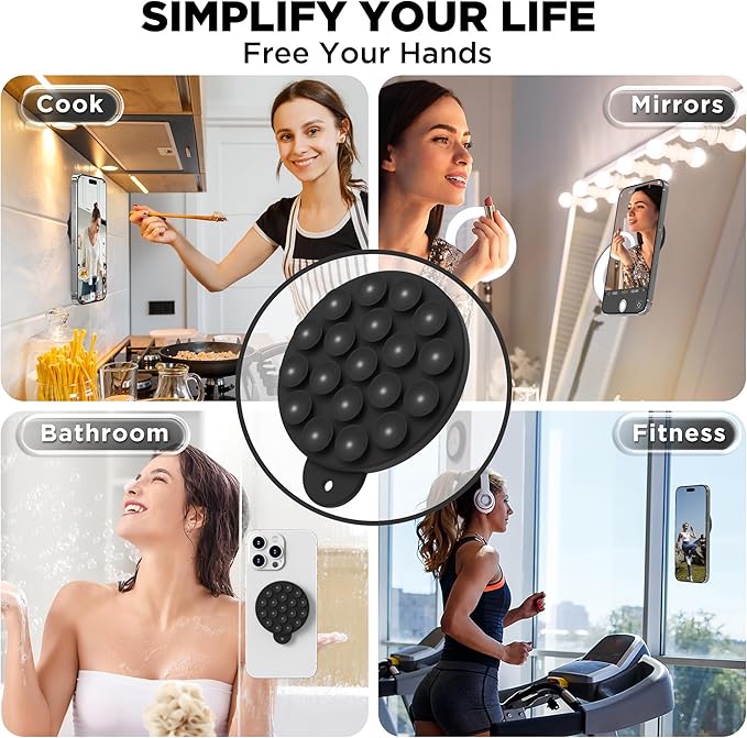 Magnetic Suction Cup Phone Mount for MagSafe Case, Silicone Hands-Free Phone Grip Holder for iPhone and Android, Mirror Shower Phone Stand for Makeup FaceTime Gym Kitchen Bathroom, Black