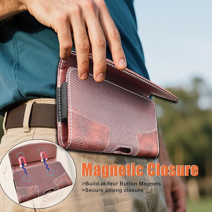 Leather Phone Holster for Men with Belt Clip, Cell Phone Holder for Galaxy A06/F06/M06/F14/XCover7/Moto Defy 2/BLU G64/TCL 60R/HMD Key,Belt Pouch Case Magnetic Closure (Brown-XXL)