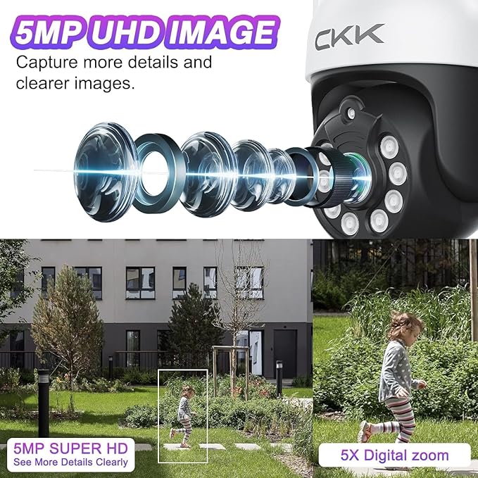 5MP PTZ Security System:CKK 4 PCS Wireless Cameras with 1TB HDD,10-Channel NVR,5G/2.4G WiFi, 2-Way Audio,4K Color Night Vision, Floodlights, Siren, AI Human Detection, Auto Tracking, 24/7 Surveillance